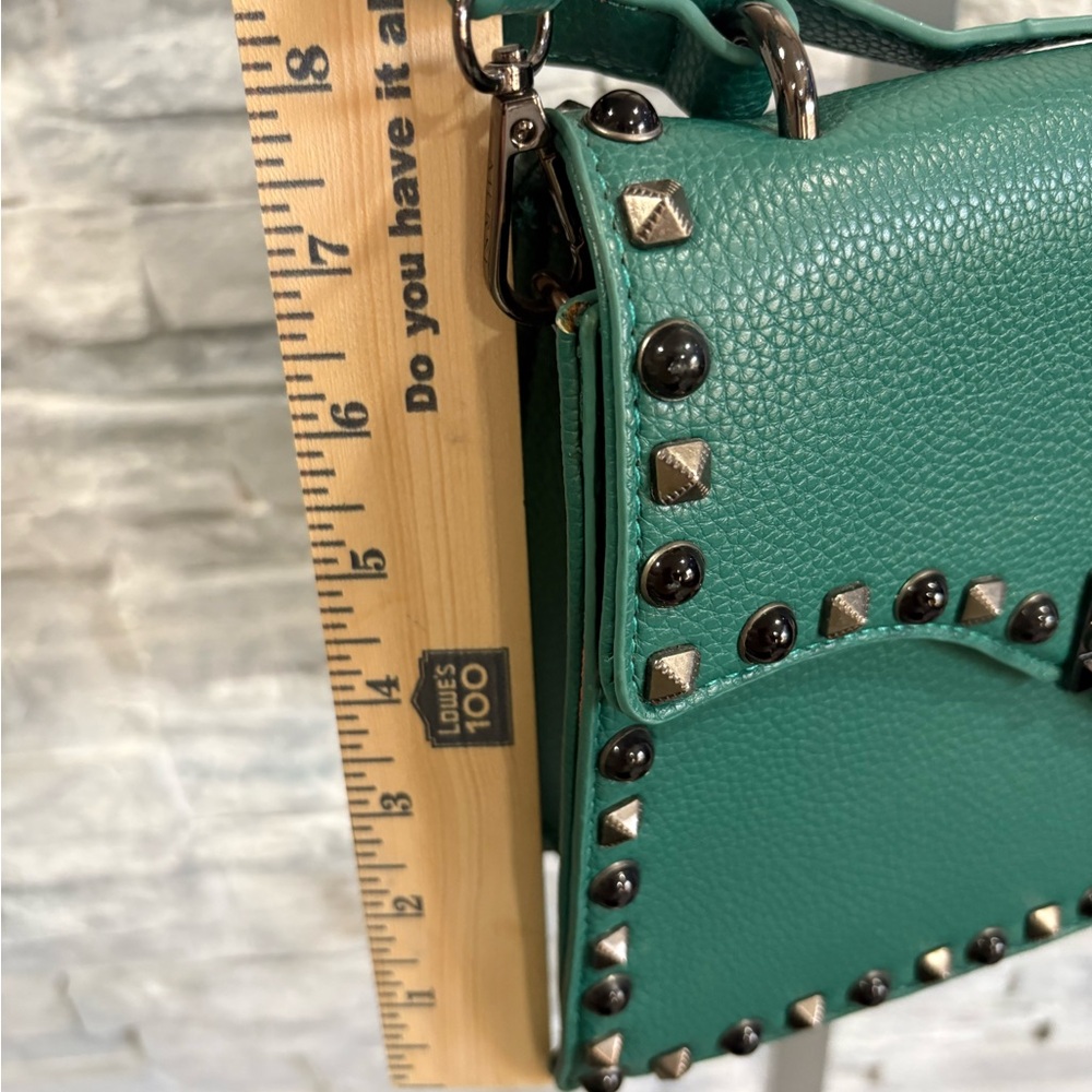MERSI Teal Pebbled Leather Studded Crossbody Bag - Picture 9 of 10